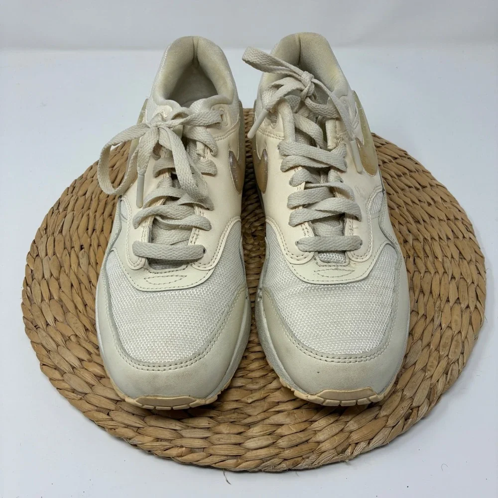 Nike Air Max 1 Women's 9 Sail Cream White Glitter Swoosh Sneakers AT5248-100 - Picture 2 of 8